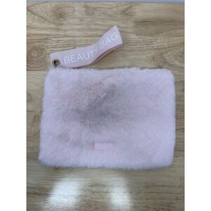 Benefit Cosmetic Makeup Travel Case Bag‎ Pouch Pink Fur Furry wristlet New #47